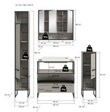Badkombination bestehend aus einem hohen Schrank, einem Spiegelschrank und einem Waschtisch mit Unterschrank, alle in moderner, gerippter Optik. Die Abmessungen sind ca. 170 x 192 x 48 cm. Perspektive: Frontalansicht.