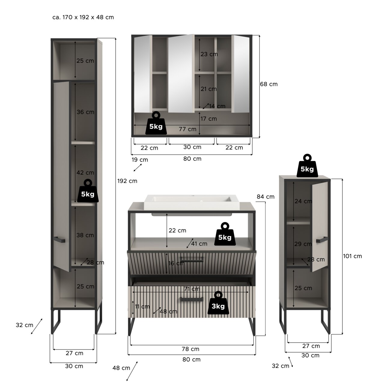Badkombination bestehend aus einem hohen Schrank, einem Spiegelschrank und einem Waschtisch mit Unterschrank, alle in moderner, gerippter Optik. Die Abmessungen sind ca. 170 x 192 x 48 cm. Perspektive: Frontalansicht.