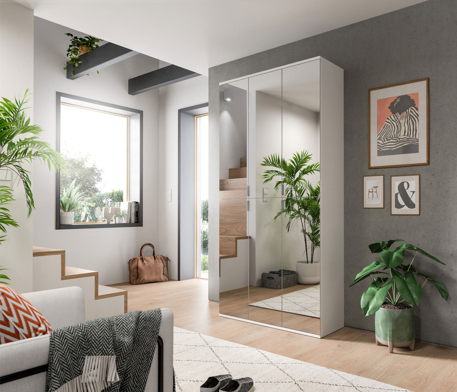 MID.YOU Garderobenkombination PROJEKT X Moderne Garderobenkombination mit Spiegeltüren in einem hellen, stilvollen Raum mit Pflanzen und dekorativen Elementen, seitliche Perspektive.