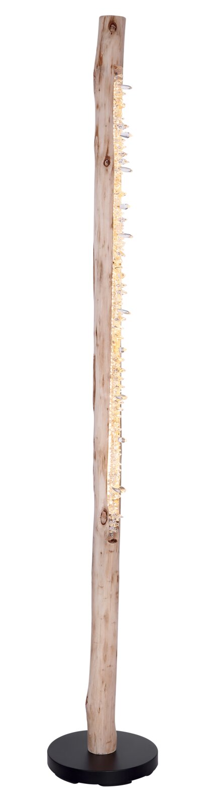 Hohe Stehleuchte aus naturbelassenem Holzstamm mit integrierter LED-Lichtleiste und klaren Kristall-/Acryl-Elementen, auf rundem schwarzem Standfuß, Seitenansicht vor weißem Hintergrund