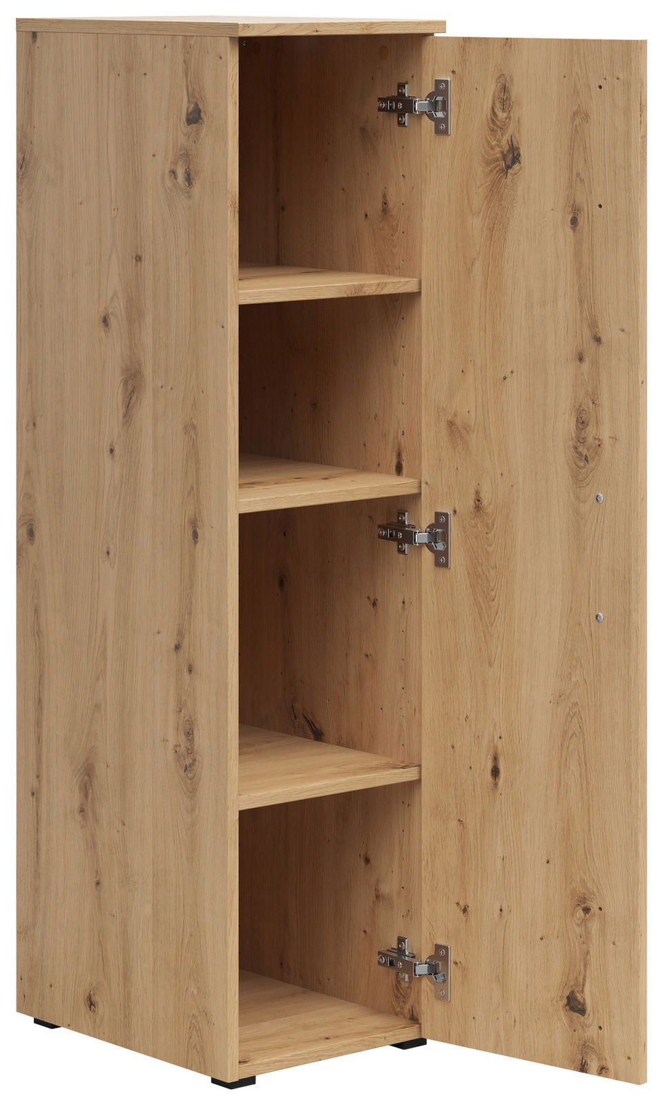 Mehrzweckschrank aus Holz mit geöffneter Tür, zeigt drei Regalböden, Perspektive von vorne links