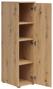 Mehrzweckschrank aus Holz mit geöffneter Tür, zeigt drei Regalböden, Perspektive von vorne links