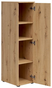 Mehrzweckschrank aus Holz mit geöffneter Tür, zeigt drei Regalböden, Perspektive von vorne links