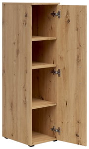 Mehrzweckschrank aus Holz mit geöffneter Tür, zeigt drei Regalböden, Perspektive von vorne links