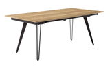 Moderner Esstisch aus Holz mit Metallbeinen, seitliche Perspektive