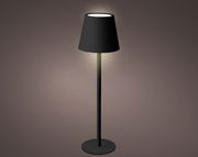 Schwarze LED Tischleuchte mit konischem Lampenschirm, seitliche Perspektive