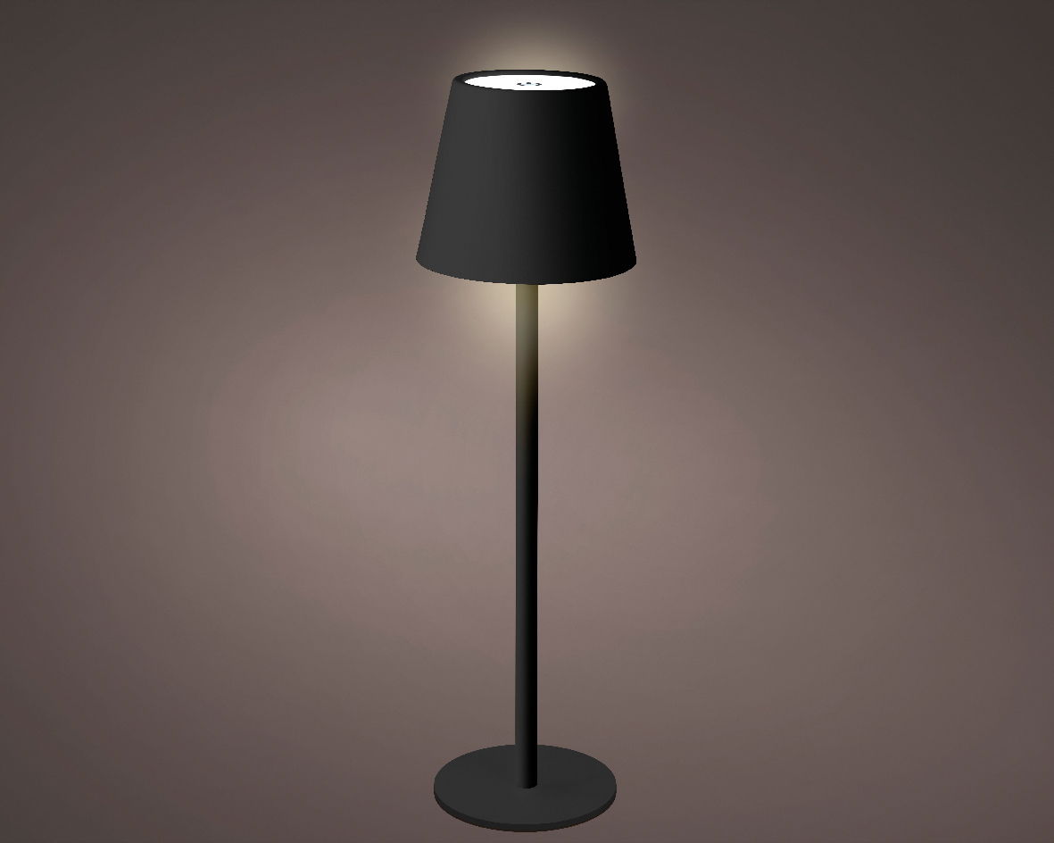 Schwarze LED Tischleuchte mit konischem Lampenschirm, seitliche Perspektive