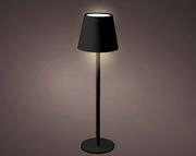 Schwarze LED Tischleuchte mit konischem Lampenschirm, seitliche Perspektive