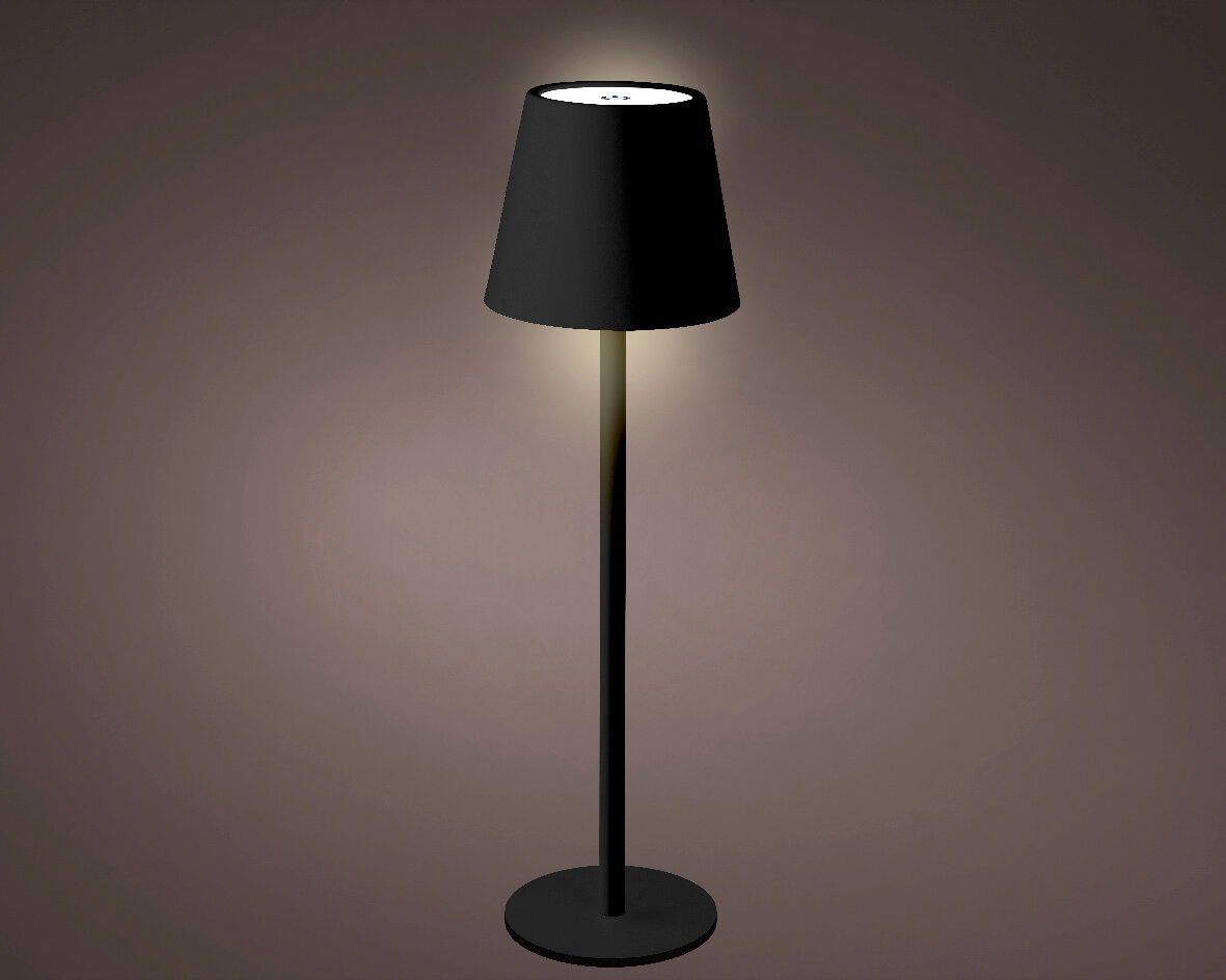 Schwarze LED Tischleuchte mit konischem Lampenschirm, seitliche Perspektive