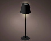Schwarze LED Tischleuchte mit konischem Lampenschirm, seitliche Perspektive