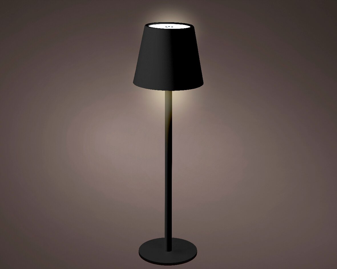 Schwarze LED Tischleuchte mit konischem Lampenschirm, seitliche Perspektive