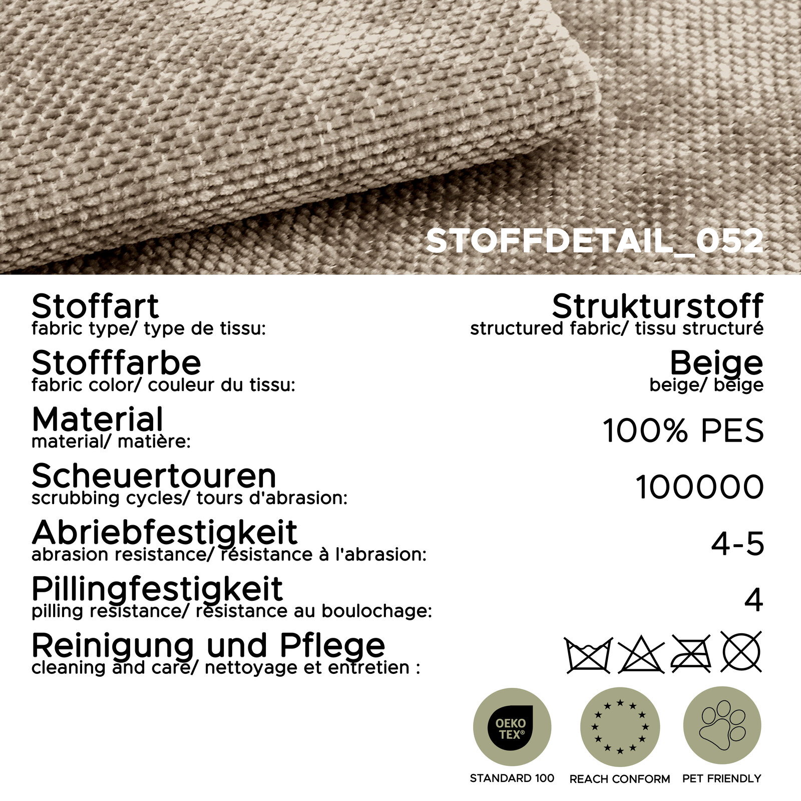 Beiger Strukturstoff aus 100% PES als Stoffmuster, Nahaufnahme mit sichtbarer Webstruktur und umgeschlagener Kante, Perspektive: Detailansicht von oben; eingeblendete Material- und Pflegeangaben (100.000 Scheuertouren, Abriebfestigkeit 4–5, Pilling 4, OEK