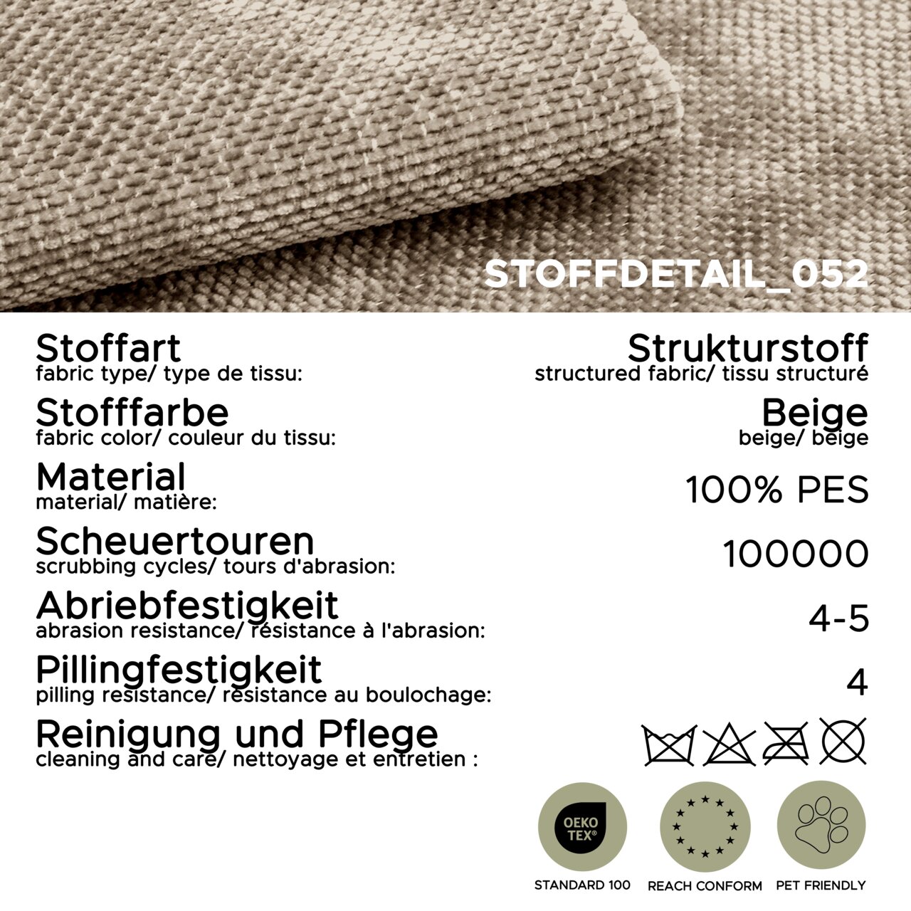 Beiger Strukturstoff aus 100% PES als Stoffmuster, Nahaufnahme mit sichtbarer Webstruktur und umgeschlagener Kante, Perspektive: Detailansicht von oben; eingeblendete Material- und Pflegeangaben (100.000 Scheuertouren, Abriebfestigkeit 4–5, Pilling 4, OEK
