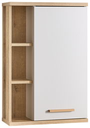 Moderner Hängeschrank mit weißer Tür und offenen Regalfächern aus Holz, Frontalansicht