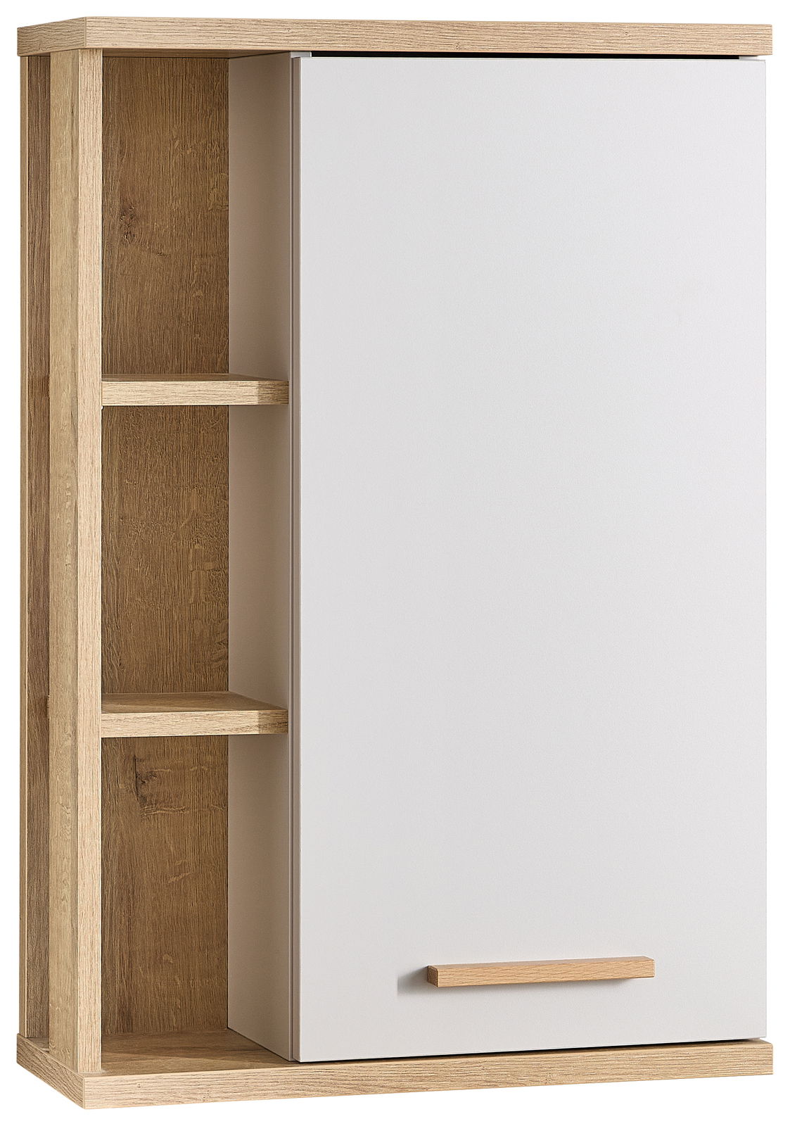 Moderner Hängeschrank mit weißer Tür und offenen Regalfächern aus Holz, Frontalansicht