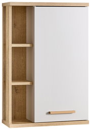 Moderner Hängeschrank mit weißer Tür und offenen Regalfächern aus Holz, Frontalansicht