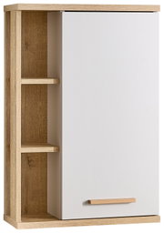 Moderne hangkast met witte deur en open houten planken, vooraanzicht