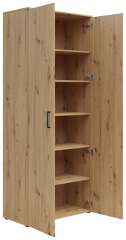 Mehrzweckschrank aus Holz mit geöffneter Tür, zeigt mehrere Regalböden, Perspektive von vorne links