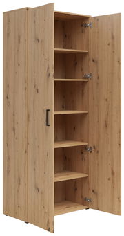 Mehrzweckschrank aus Holz mit geöffneter Tür, zeigt mehrere Regalböden, Perspektive von vorne links