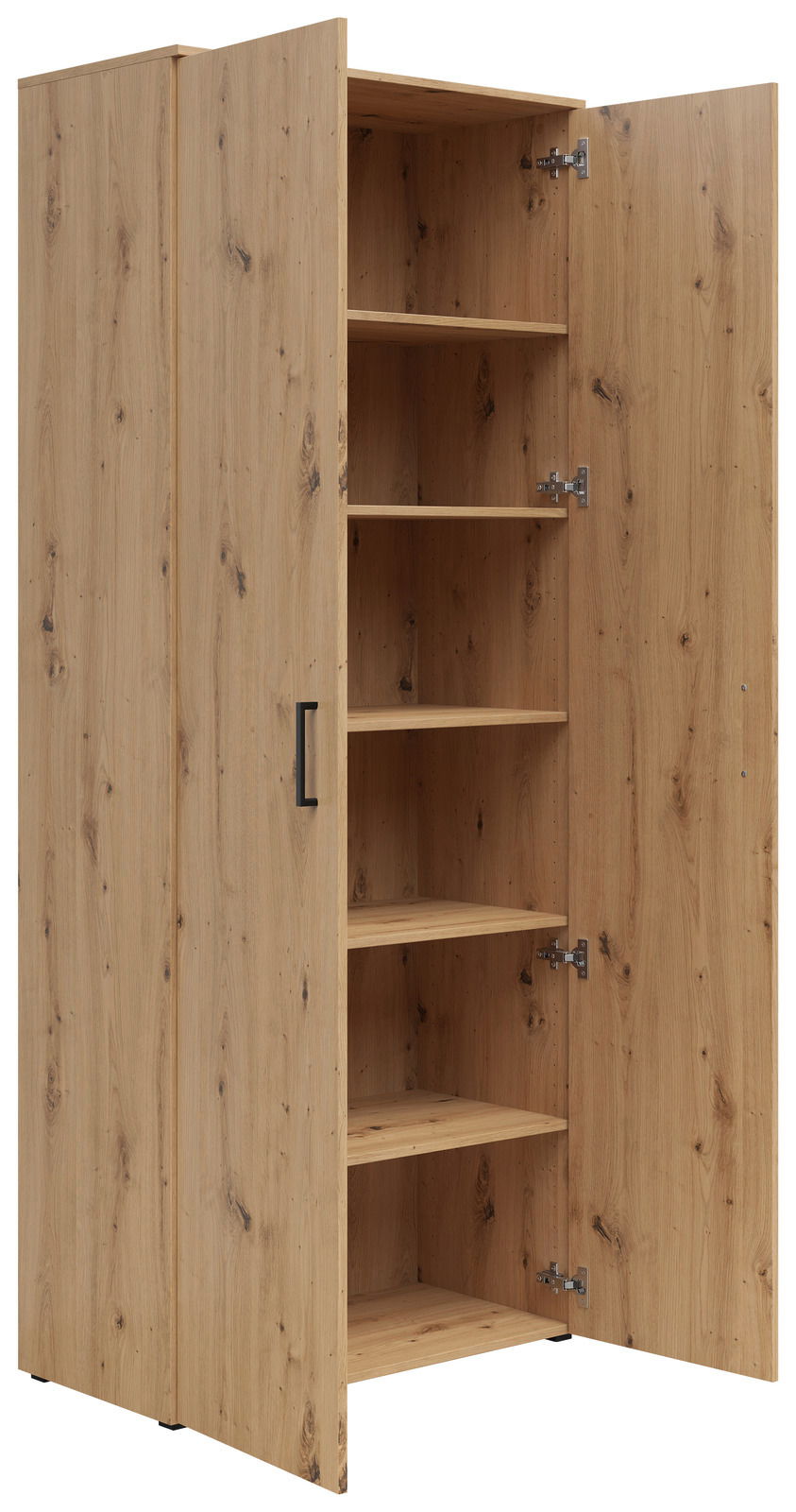 Mehrzweckschrank aus Holz mit geöffneter Tür, zeigt mehrere Regalböden, Perspektive von vorne links