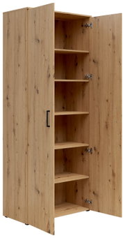 Multifunctionele houten kast met open deur, met meerdere planken, gezien van linksvoor