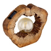 Solarleuchte in Holzoptik mit runder Glühbirne, seitliche Perspektive