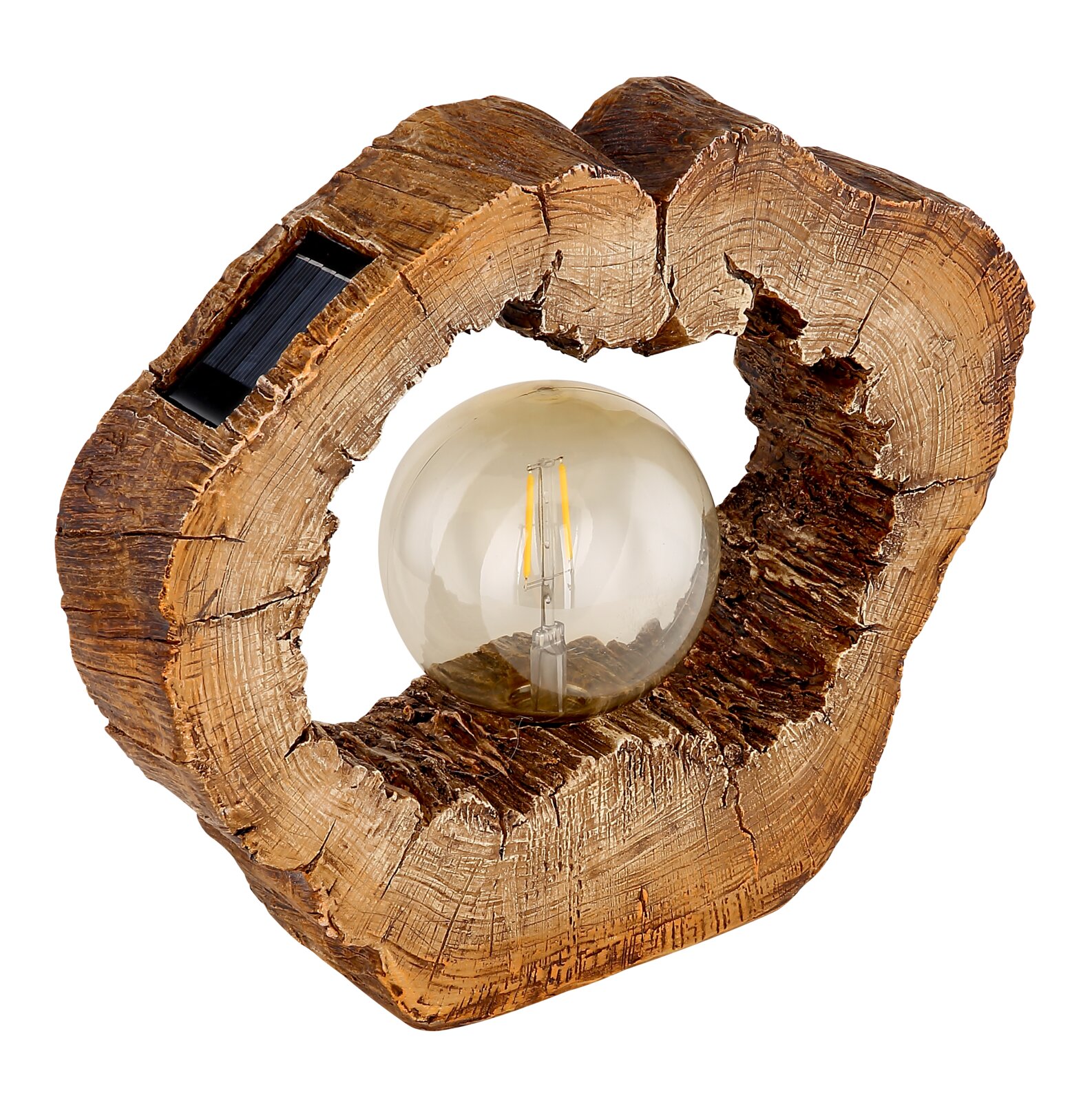 Solarleuchte in Holzoptik mit runder Glühbirne, seitliche Perspektive