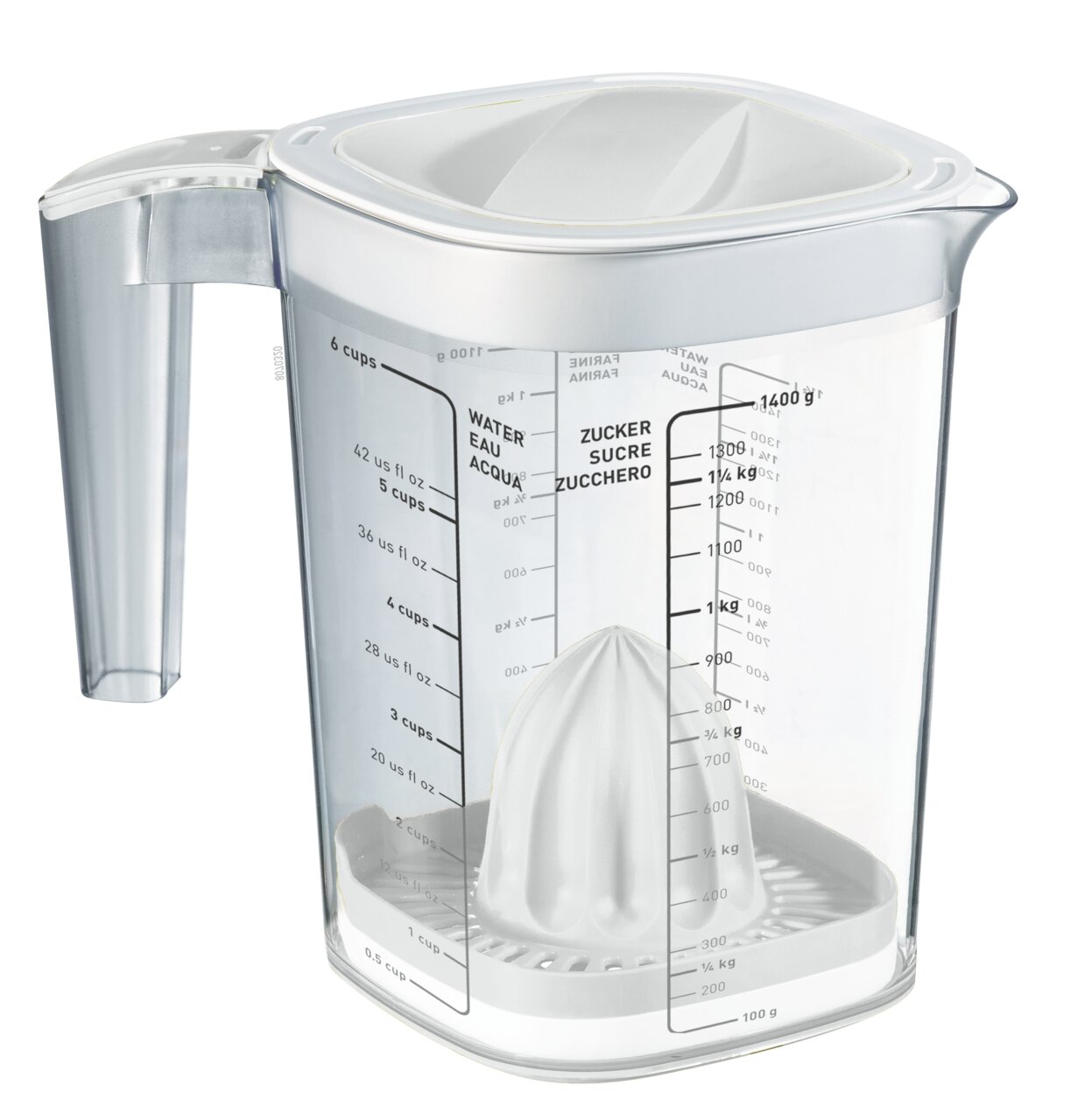 rotho Back-Messbecher LOFT Transparenter Messbecher mit integriertem Entsafter, seitliche Skalen für Flüssigkeiten und Zucker, seitliche Perspektive