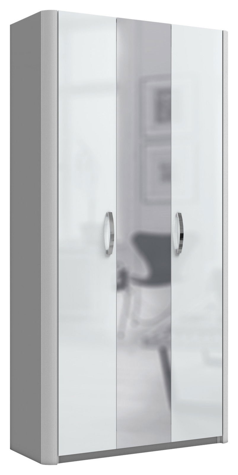 Mehrzweckschrank mit drei Türen, silbernen Griffen und einer modernen, glänzenden Oberfläche, seitliche Perspektive