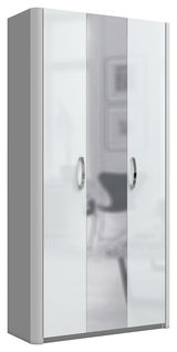 Mehrzweckschrank mit drei Türen, silbernen Griffen und einer modernen, glänzenden Oberfläche, seitliche Perspektive