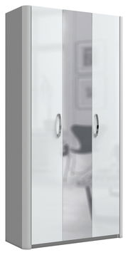 Mehrzweckschrank mit drei Türen, silbernen Griffen und einer modernen, glänzenden Oberfläche, seitliche Perspektive