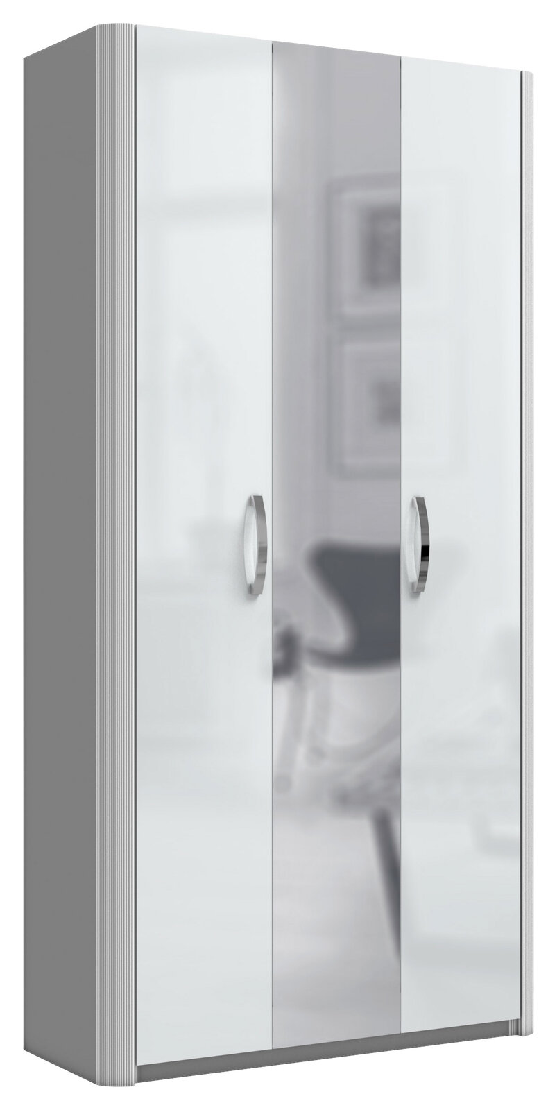 Moderano Mehrzweckschrank MILANO Mehrzweckschrank mit drei Türen, silbernen Griffen und einer modernen, glänzenden Oberfläche, seitliche Perspektive