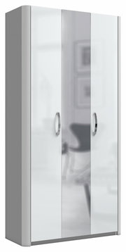 Mehrzweckschrank mit drei Türen, silbernen Griffen und einer modernen, glänzenden Oberfläche, seitliche Perspektive