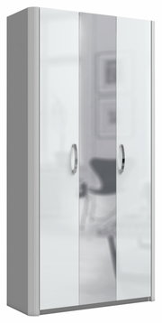 Mehrzweckschrank mit drei Türen, silbernen Griffen und einer modernen, glänzenden Oberfläche, seitliche Perspektive