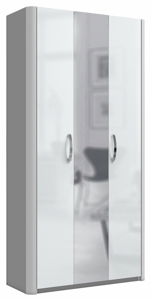 Mehrzweckschrank mit drei Türen, silbernen Griffen und einer modernen, glänzenden Oberfläche, seitliche Perspektive