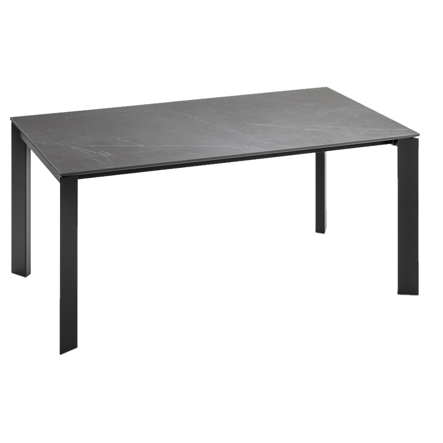 Moderner Esstisch mit schwarzer, rechteckiger Tischplatte und stabilen Metallbeinen, seitliche Perspektive.