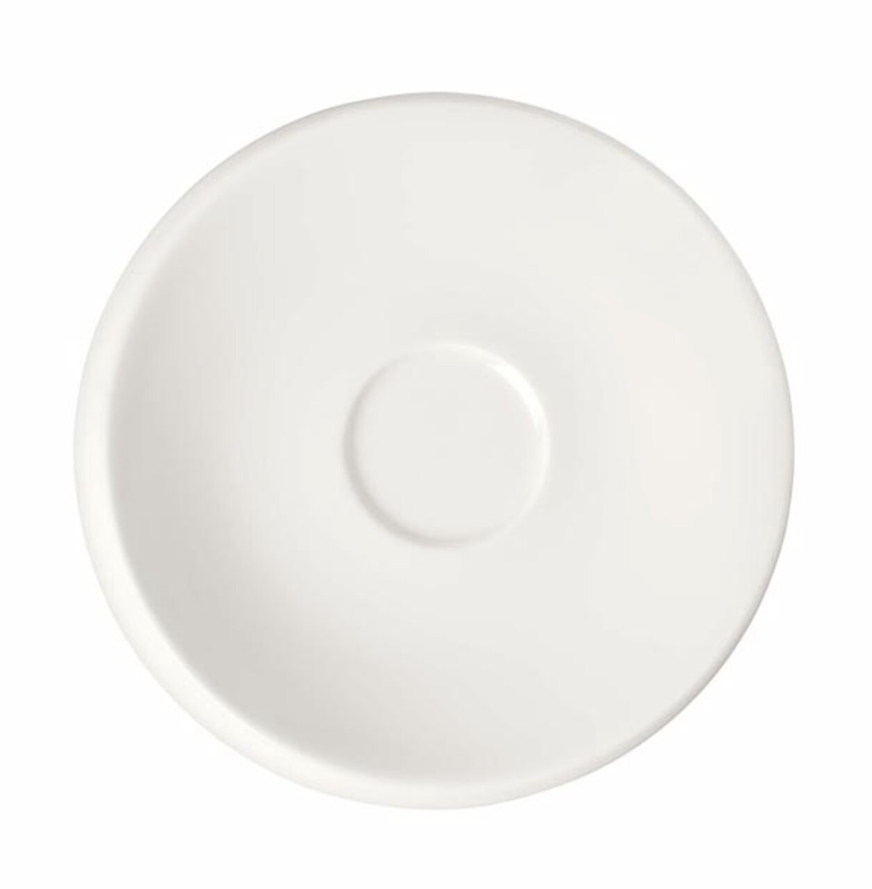 Ansicht von oben auf eine weiße Espressountertasse mit schlichtem Design und kreisförmiger Vertiefung in der Mitte.