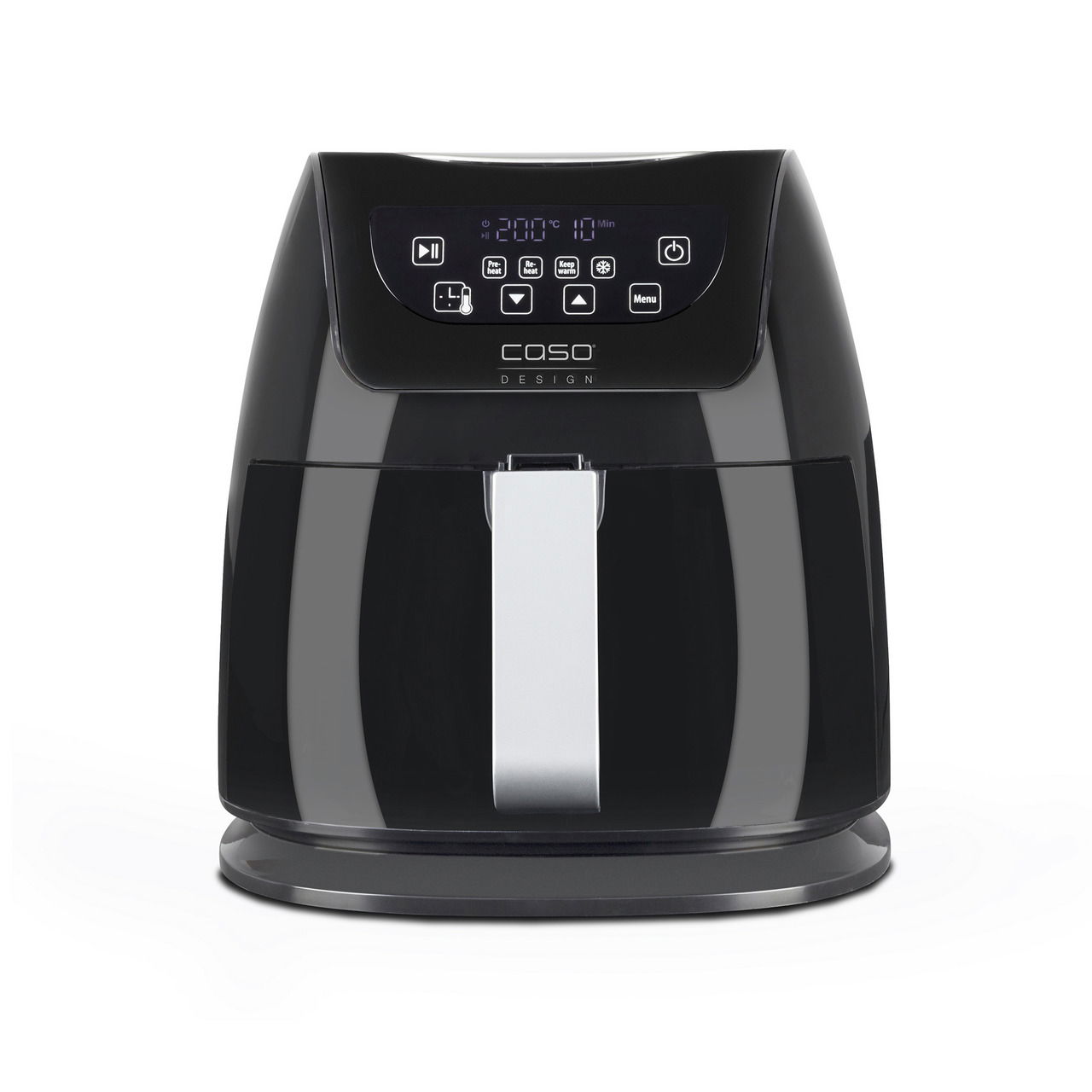 Schwarze Heißluftfritteuse mit digitalem Display, Vorderansicht