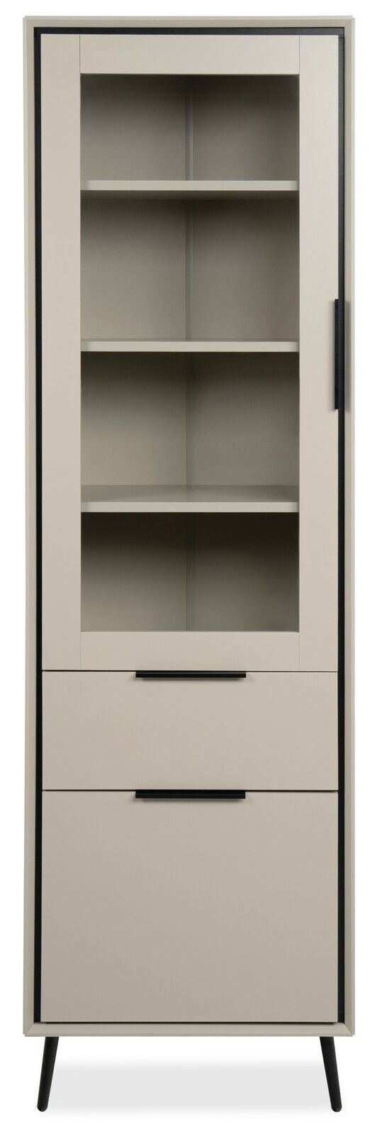 Moderne Vitrine in Beige mit Glastür und zwei Schubladen, frontale Ansicht