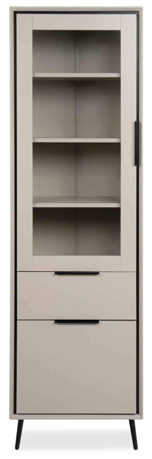 Moderne vitrinekast in beige met glazen deur en twee lades, vooraanzicht