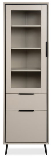 Moderne vitrinekast in beige met glazen deur en twee lades, vooraanzicht