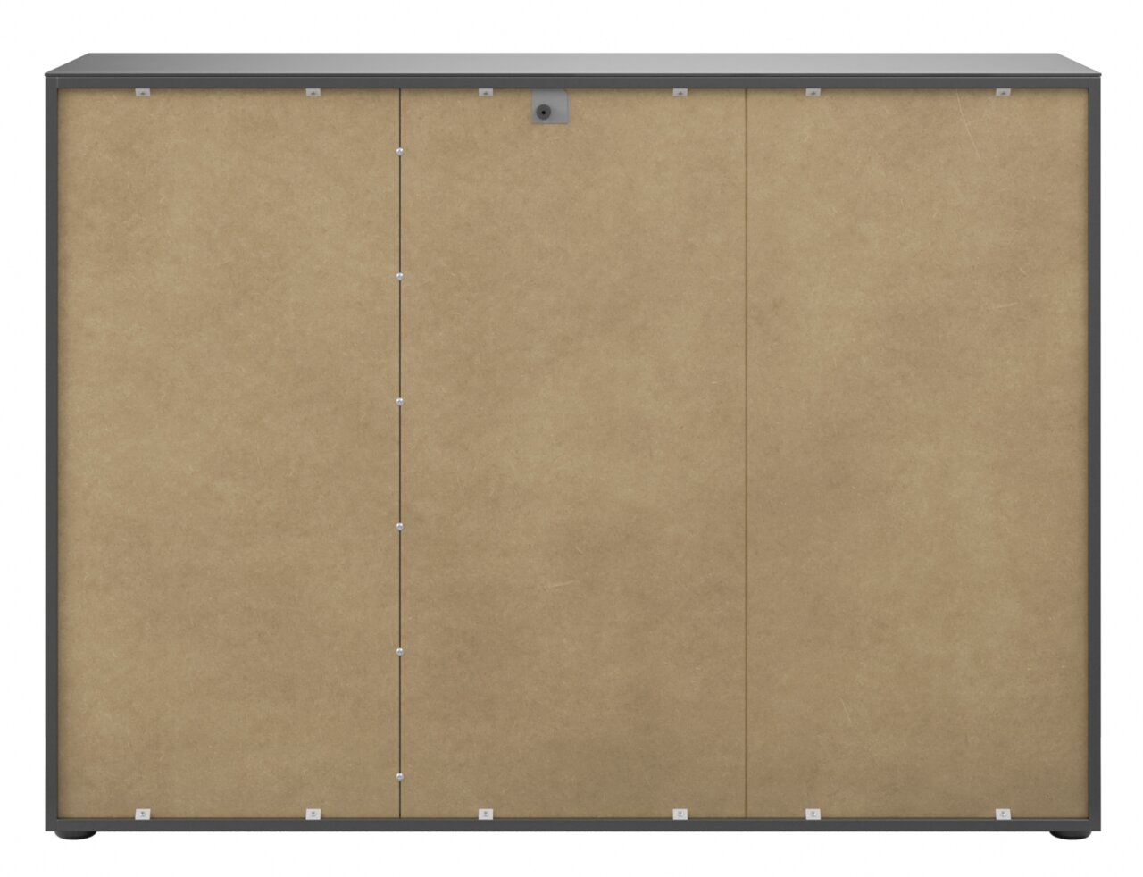 Frontansicht eines modernen Sideboards mit schlichter, beiger Front und dunklem Rahmen.