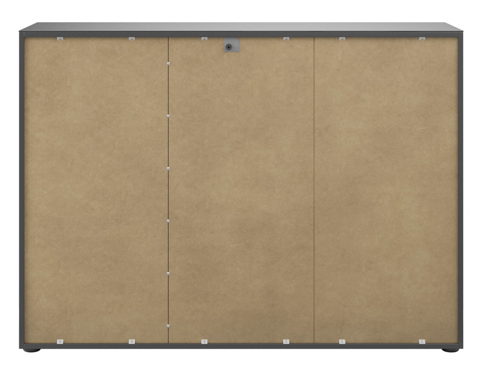 Frontansicht eines modernen Sideboards mit schlichter, beiger Front und dunklem Rahmen.