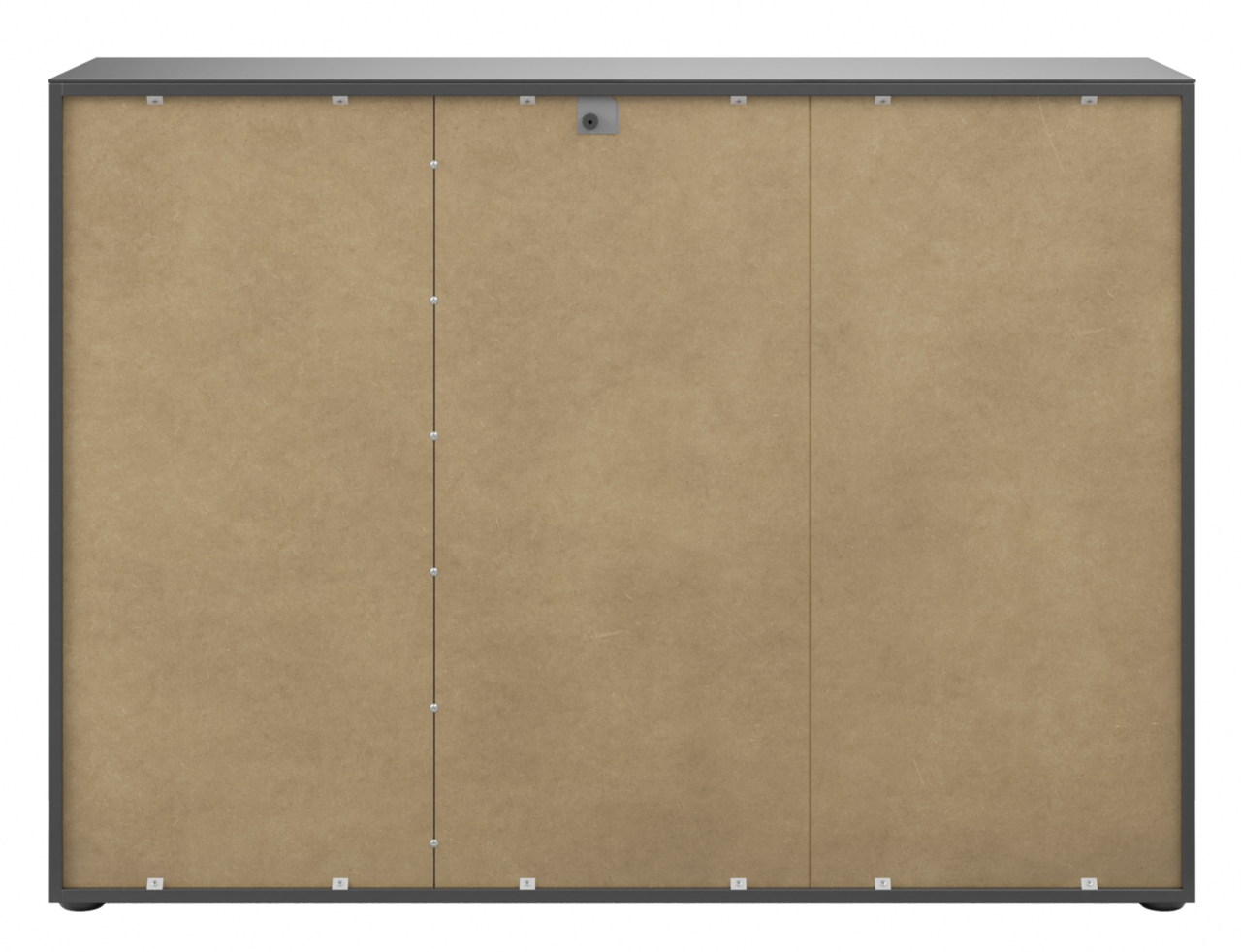 Frontansicht eines modernen Sideboards mit schlichter, beiger Front und dunklem Rahmen.