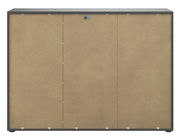 Frontansicht eines modernen Sideboards mit schlichter, beiger Front und dunklem Rahmen.