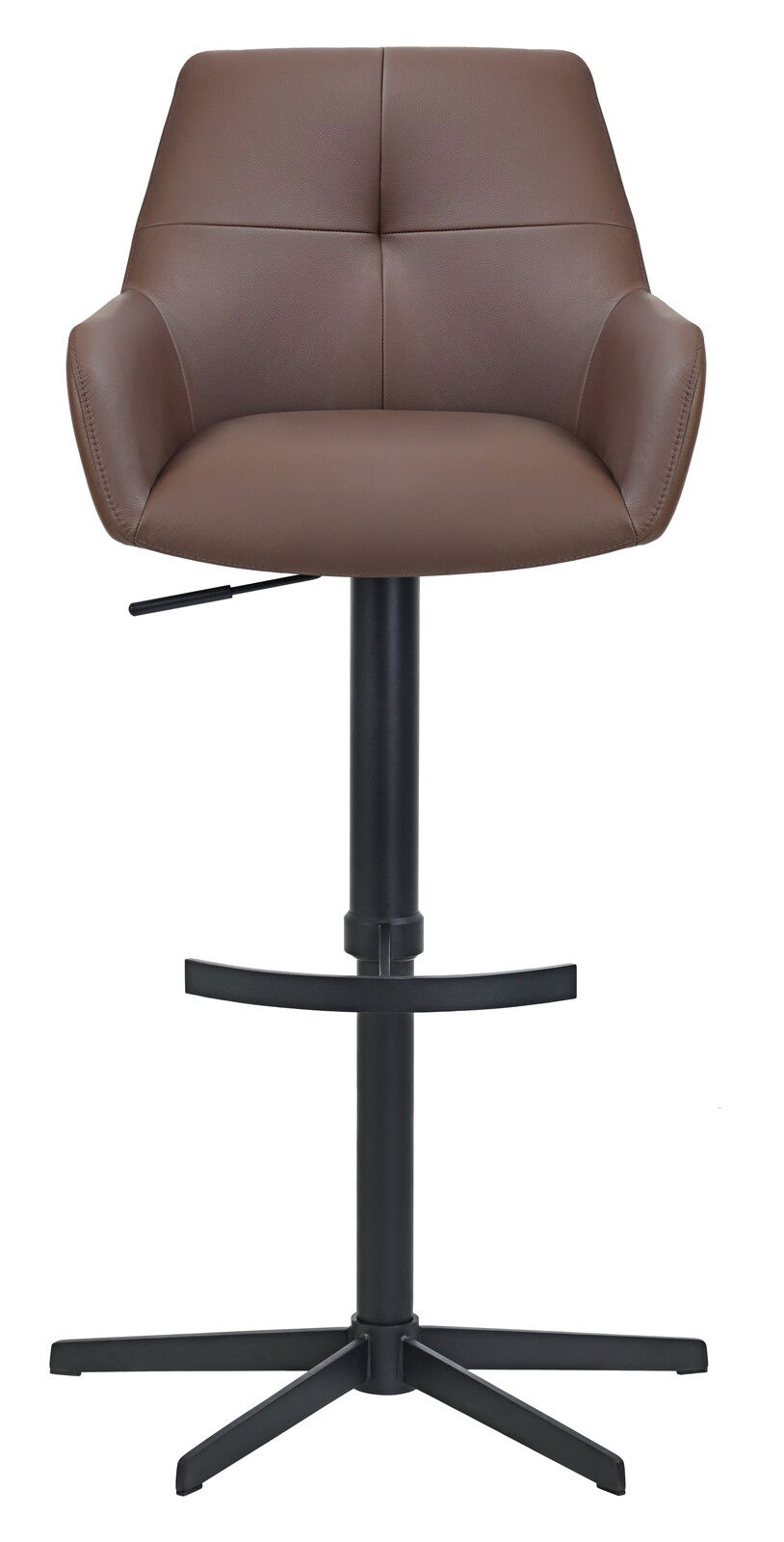 Moderner brauner Barhocker mit gepolsterter Rückenlehne und schwarzem Metallfuß, Frontalansicht