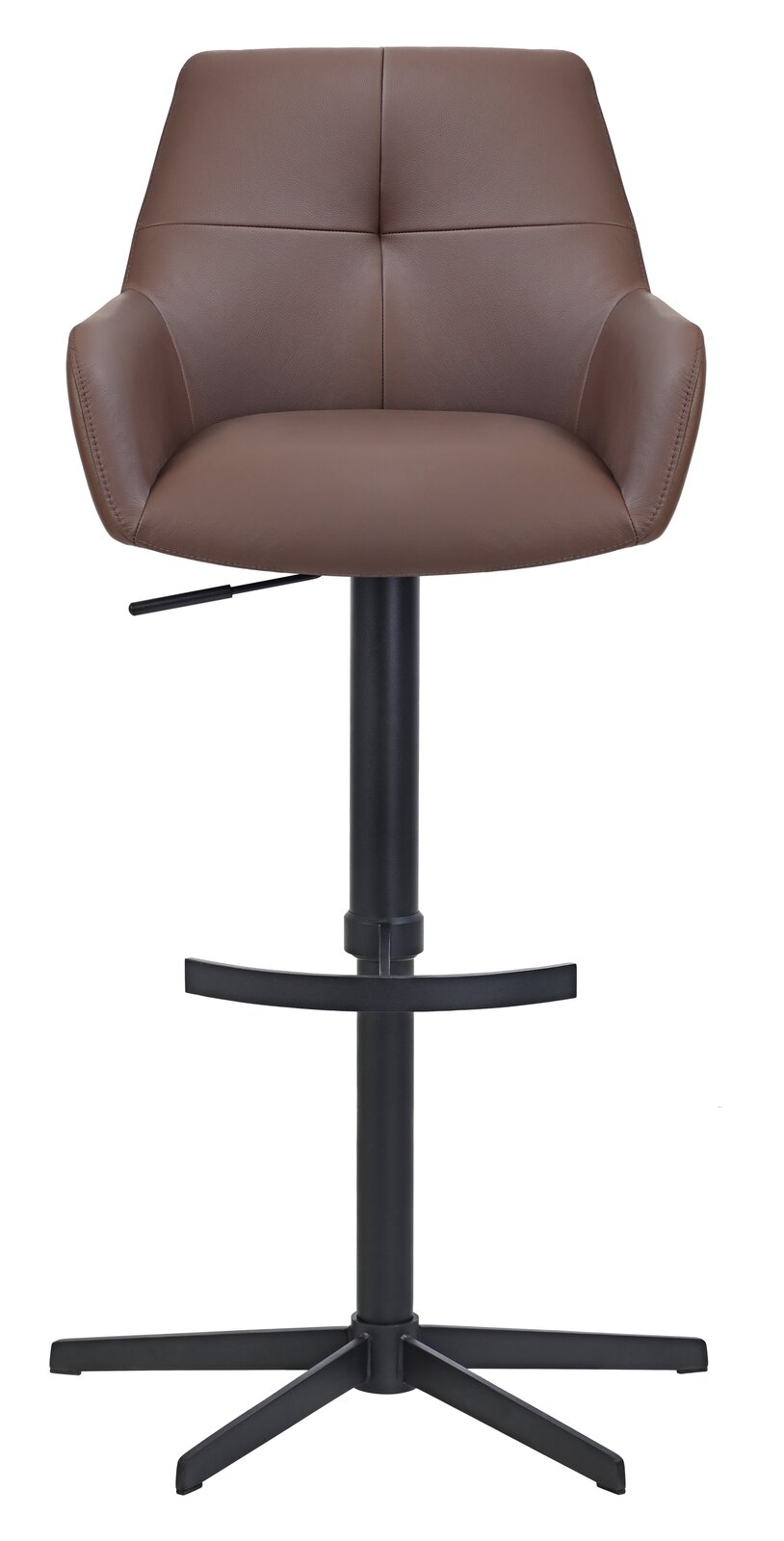 Moderner brauner Barhocker mit gepolsterter Rückenlehne und schwarzem Metallfuß, Frontalansicht