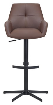 Moderner brauner Barhocker mit gepolsterter Rückenlehne und schwarzem Metallfuß, Frontalansicht