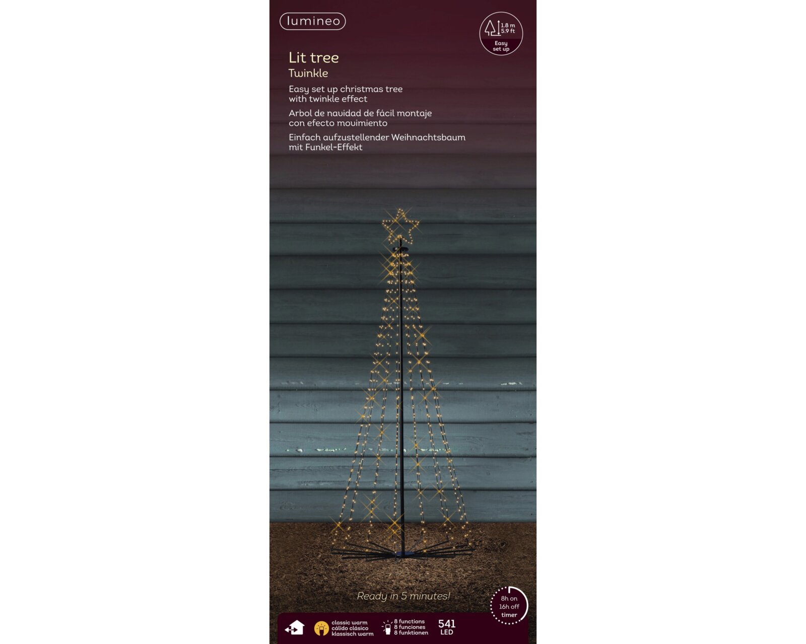 Lumineo LED-Weihnachtsbaum mit 541 klassisch warmen LEDs, Funkel-Effekt und Sternspitze, 1,8 m hoch, in frontaler Gesamtansicht