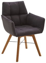 Moderner Armlehnenstuhl mit grauem Polster und Holzbeinen, seitliche Perspektive